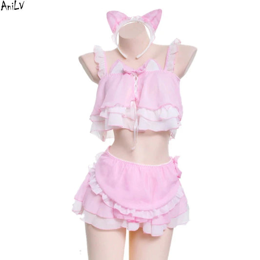 Anime Cat Girl Maid Swimsuit - Cute Pink Cat Ears Swimwear for Cosplay and Pool Parties