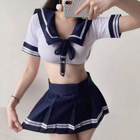 Schoolgirl Cosplay Lingerie - JK Pleated Skirt & Tight Blouse Set for Anime Role Play